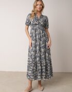 defox Rochie Albastru Marin de bumbac cu mâneci bufante cu elastic în talie și volan Vimaliana