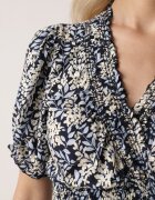 defox Rochie Albastru Marin de bumbac cu mâneci bufante cu elastic în talie și volan Vimaliana