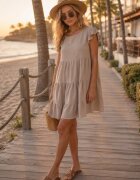 defox Rochie Amplă Bej cu Volane Prinsă la Gât Rettesa