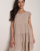 defox Rochie Amplă Bej cu Volane Prinsă la Gât Rettesa