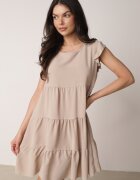 defox Rochie Amplă Bej cu Volane Prinsă la Gât Rettesa