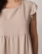 defox Rochie Amplă Bej cu Volane Prinsă la Gât Rettesa