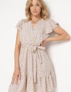 defox Rochie Bej cu flori cu elastic în talie și curea din material decorată cu volane Monnesa