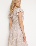 defox Rochie Bej cu flori cu elastic în talie și curea din material decorată cu volane Monnesa