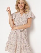 defox Rochie Bej cu flori cu elastic în talie și curea din material decorată cu volane Monnesa