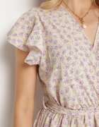 defox Rochie Bej cu flori cu elastic în talie și curea din material decorată cu volane Monnesa