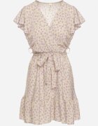 defox Rochie Bej cu flori cu elastic în talie și curea din material decorată cu volane Monnesa