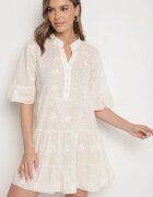 defox Rochie Bej deschis din bumbac brodată cu croi cămașă cu volane Filidwena