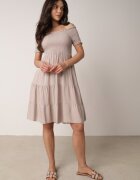 defox Rochie bej deschis din bumbac cu decolteu spaniol cu volane largi la bază Bliria