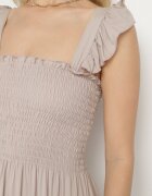 defox Rochie Bej Evazată din Bumbac cu Bretele cu Elastic și Volan Mevesta
