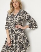 defox Rochie Bej-neagră Cloche din Bumbac cu Volane Model Ornamental Lanoreth