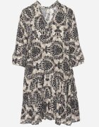 defox Rochie Bej-neagră Cloche din Bumbac cu Volane Model Ornamental Lanoreth