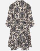 defox Rochie Bej-neagră Cloche din Bumbac cu Volane Model Ornamental Lanoreth