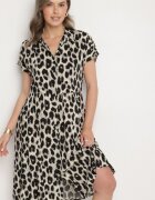 defox Rochie Bej-Neagră Din bumbac Croială tip cămașă Cu buzunare Leopard Iffanea