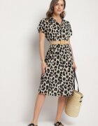 defox Rochie Bej-Neagră Din bumbac Croială tip cămașă Cu buzunare Leopard Iffanea