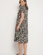 defox Rochie Bej-Neagră Din bumbac Croială tip cămașă Cu buzunare Leopard Iffanea