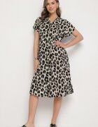 defox Rochie Bej-Neagră Din bumbac Croială tip cămașă Cu buzunare Leopard Iffanea