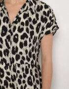 defox Rochie Bej-Neagră Din bumbac Croială tip cămașă Cu buzunare Leopard Iffanea