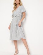 defox Rochie Bej-Violet Cloș cu Elastic în Talie și Cordon din Material Prissa