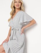 defox Rochie Bej-Violet Cloș cu Elastic în Talie și Cordon din Material Prissa