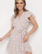 defox Rochie Bej-Violet cu Flori cu Elastic în Talie și Curea din Material Decorată cu Volan Monnesa