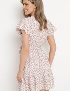 defox Rochie Bej-Violet cu Flori cu Elastic în Talie și Curea din Material Decorată cu Volan Monnesa
