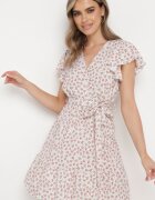 defox Rochie Bej-Violet cu Flori cu Elastic în Talie și Curea din Material Decorată cu Volan Monnesa