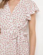 defox Rochie Bej-Violet cu Flori cu Elastic în Talie și Curea din Material Decorată cu Volan Monnesa
