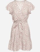defox Rochie Bej-Violet cu Flori cu Elastic în Talie și Curea din Material Decorată cu Volan Monnesa
