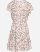 defox Rochie Bej-Violet cu Flori cu Elastic în Talie și Curea din Material Decorată cu Volan Monnesa