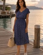 defox Rochie bleu-marin din bumbac cu elastic în talie și volănaș Romilla