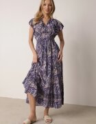 defox Rochie Bleumarin Cloș Petrecută din Bumbac cu Imprimeu Paisley cu Elastic în Talie Zonne
