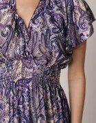 defox Rochie Bleumarin Cloș Petrecută din Bumbac cu Imprimeu Paisley cu Elastic în Talie Zonne
