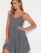 defox Rochie bleumarin de bumbac evazată cu bretele cu volan Piloa