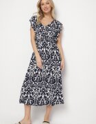 defox Rochie Bleumarin din bumbac cloș cu volane cu imprimeu ornamental Zaliette