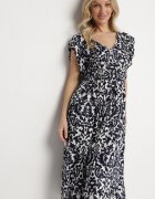 defox Rochie Bleumarin din bumbac cloș cu volane cu imprimeu ornamental Zaliette