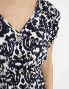 defox Rochie Bleumarin din bumbac cloș cu volane cu imprimeu ornamental Zaliette