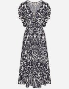 defox Rochie Bleumarin din bumbac cloș cu volane cu imprimeu ornamental Zaliette
