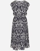 defox Rochie Bleumarin din bumbac cloș cu volane cu imprimeu ornamental Zaliette