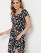 defox Rochie Bleumarin din Bumbac cu Decolteu Tip Spaniolă și Volan Ușor Hannesia