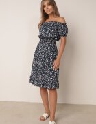 defox Rochie bleumarin din bumbac stil spaniolă cu flori cu elastic încrețit în talie Rosaliya