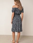 defox Rochie bleumarin din bumbac stil spaniolă cu flori cu elastic încrețit în talie Rosaliya