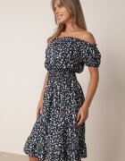 defox Rochie bleumarin din bumbac stil spaniolă cu flori cu elastic încrețit în talie Rosaliya