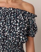 defox Rochie bleumarin din bumbac stil spaniolă cu flori cu elastic încrețit în talie Rosaliya