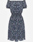 defox Rochie bleumarin din bumbac stil spaniolă cu flori cu elastic încrețit în talie Rosaliya