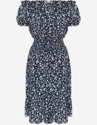 defox Rochie bleumarin din bumbac stil spaniolă cu flori cu elastic încrețit în talie Rosaliya