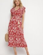 defox Rochie Bordo de bumbac evazată cu volane și model ornamental Zaliette