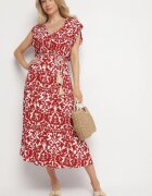 defox Rochie Bordo de bumbac evazată cu volane și model ornamental Zaliette