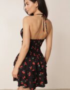 defox Rochie Cloche Neagră cu Cireșe cu Volane și Decolteu Halter Lanideia