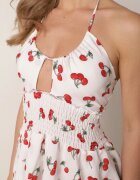 defox Rochie Cloș Albă cu Cireșe cu Volane și Decolteu Halter Lanideia